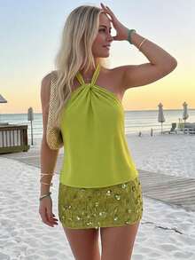 Lavishia Women's Halter Top And Sequin Mini Skirt Elegant Sexy Luxury Set, Suitable For Vacation Beach Night Out Green Summer - Green - View 5