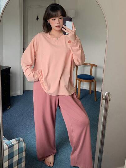 Dazy Plus Solid Color Casual Loungewear 2 Pieces Set Long Sleeve Top And Pants Pink Cute Pajama Set