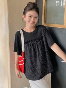 Dazy Plus 純色拼接波點寬鬆短袖休閒學院風可愛黑色春夏T恤 - 黑色 - 查看 4