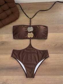 Swim Vcay 2026 Women's Elegant Vacation One-Piece Swimsuit, Halter Neck Design With Front Trim Decoration, Suitable For Back To School Season, Graduation Season, Beach And Vacation Wear - Coffee Brown - View 7