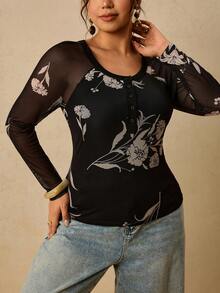 Travachic Damen-T-Shirt in Große Größen, lässig, Vintage, mit Blumenmuster, Mesh, Langarm, Basisschicht, für alle Jahreszeiten geeignet - Schwarz - Übersicht 5