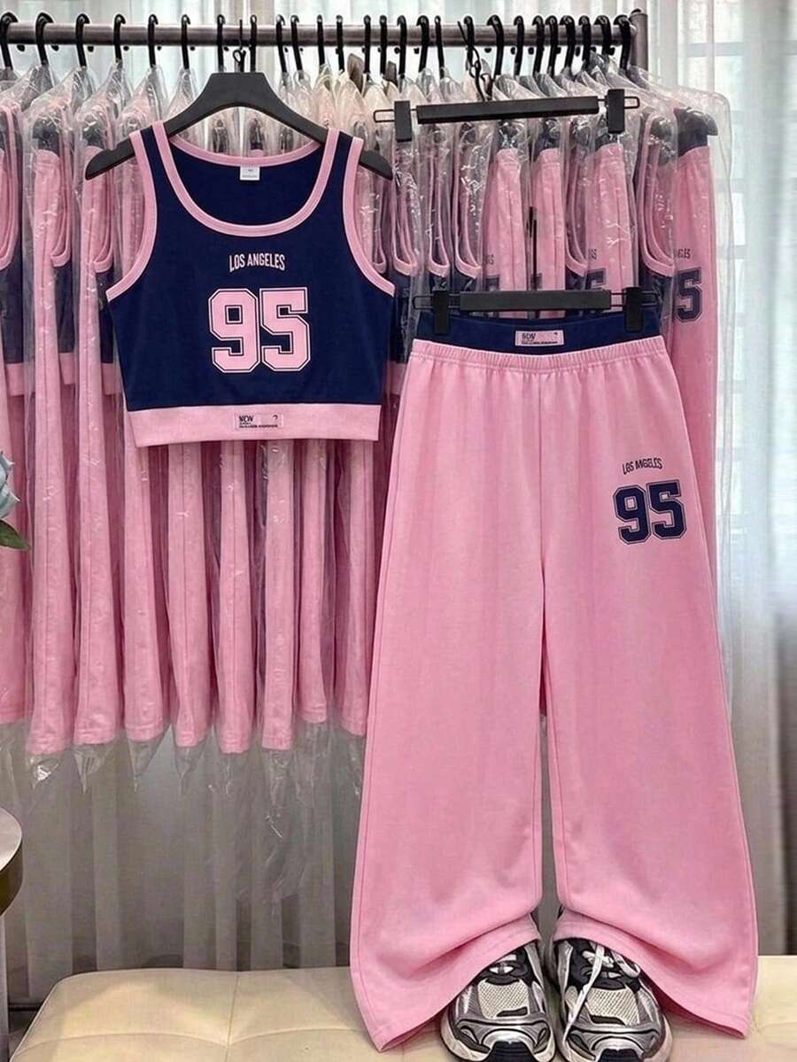 SHEIN 青少年女孩休閒百搭居家北歐風舒適針織圓領無袖短版背心 + 對比色雙腰帶運動長褲套裝 - 粉色 - 查看 1