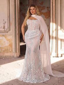 Glamrae Plus Size Elegant Classy Stretchy Lace Ruched Strapless Mermaid Dress Detachable Flounce Wedding Dinner Evening Formal Bachelorette Pink Winter - White - View 9