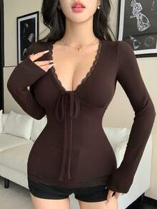 Joudiya Autumn Brown Lace Trim Patchwork Slim Fit Base Layer T-Shirt Elegant Women's Long Sleeve - Brown - View 1