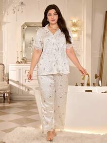 SHEIN Plus Size Elegant Faux Silk Floral Leopard Print Jacquard Contrast Lace Pajama Set - White - View 4
