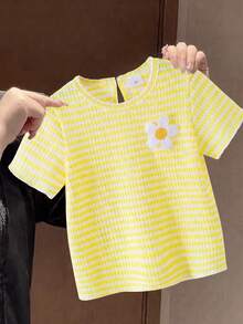 Genkimix Kids 女童（小号）黄白菠萝花印花圆领短袖T恤，针织提花面料，舒适时尚，刺绣装饰，简约百搭基础休闲上衣 - 白色 - 查看 2