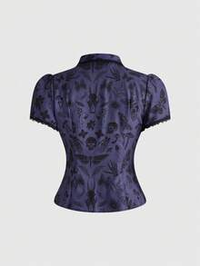 ROMWE Goth 夏季穿搭 森系暗黑哥德風骷髏與植物印花修身女款襯衫 - 紫色 - 查看 2