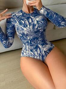 Swim Lushoire 女款熱帶印花衝浪泳衣套裝，適合海灘度假 - 藏蓝色 - 查看 3