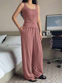 DAZY 2件組女款無袖背心開襟衫與直筒長款睡褲純色夏季居家休閒套裝 - 珊瑚粉 - 查看 5
