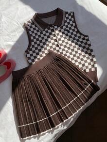 Comfortcana Women's Equestrian Preppy Retro Vintage 70s 80s Embroidered Plaid Contrast Color Knit Vest And Pleated Mini Skirt 2 Pieces Set Shades Of Brown Autumn - Brown - View 5
