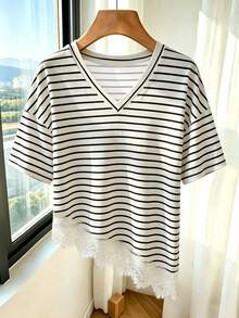 Franclia New Spring/Summer Round Neck Short Sleeve Lace Hem Black And White Striped T-Shirt Travel Casual French - Multicolor - View 1