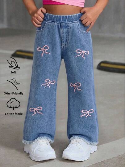 SHEIN Girls' Casual Cute Sweet Fashion Street Style Versatile Design Medium Wash Blue All-Match Minimalist Full Elastic Waistband Pockets Bow Embroidery Frayed Hem Loose Non-Stretch Denim Flared Long Pants Soft Cotton Denim Daily Commute 2026 Summer New Arrival