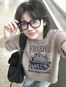 DAZY 女款圓領印花短袖休閒街頭風T恤 - 卡其色 - 查看 1