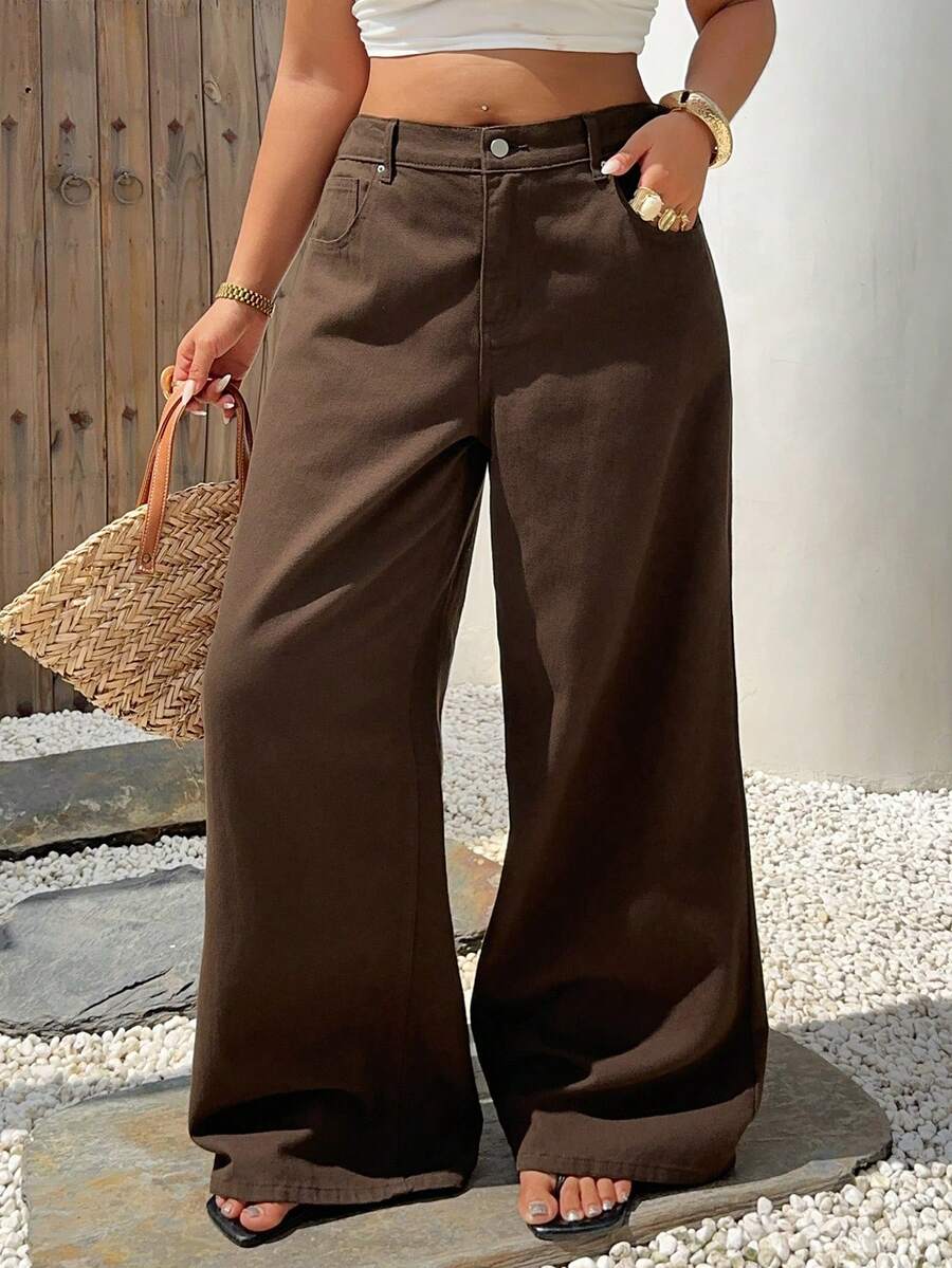Dazy Plus Summer New Loose Casual Straight Leg Denim Jeans Brown Versatile Plus Size Women All Season Spring Autumn - Brown - View 1