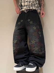 STEELVANCE Street Style Retro Fashion Versatile Embroidered Design Loose Straight Leg Wide Leg Casual Denim Jeans (Belt And Accessories Not Included) - Black - View 4