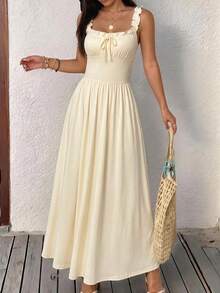 SHEIN EZwear Summer Home Workout Casual Frill Trim Front Tie Sleeveless Dress - Apricot - View 5