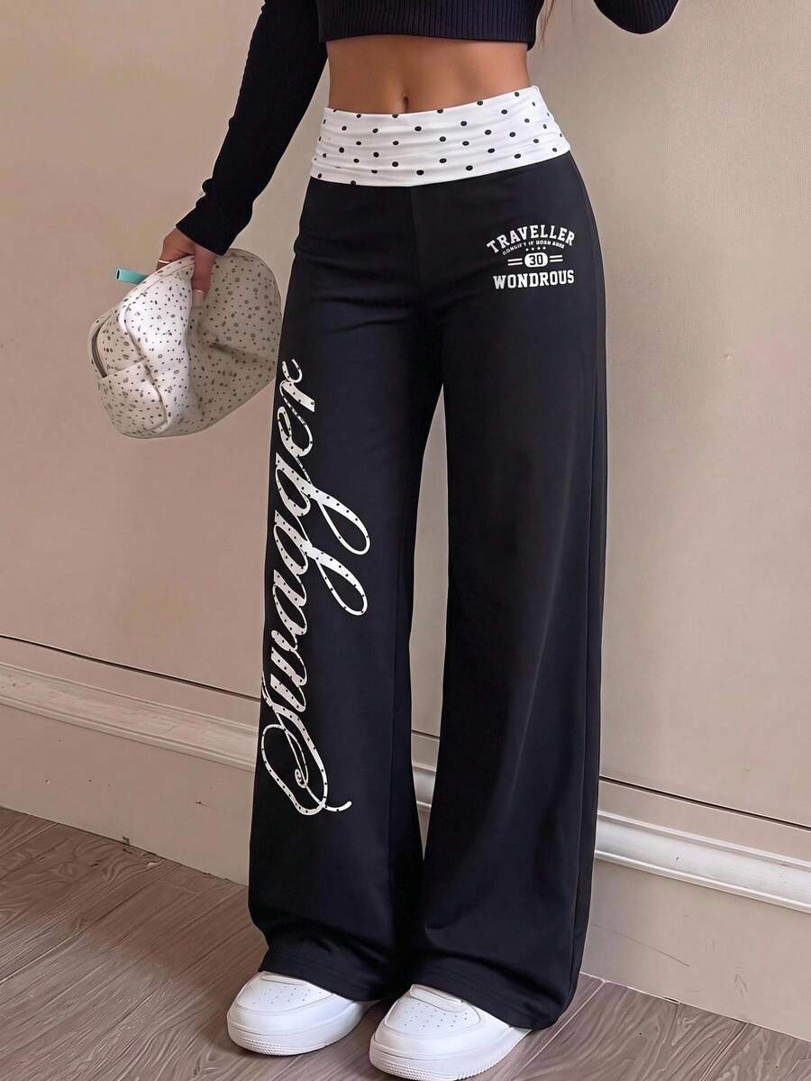 SHEIN Kids Teen Girls Pants Black Knitted Casual Street-Style Trousers Featuring A Contrasting-Color Polka Dot And English Letter Pattern,Back To School - Black and White - View 1