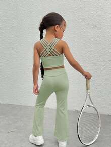 SHEIN Top corto de punto de unicolor para niña, ropa deportiva - verde menta - Ver 3