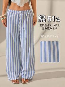 SHEIN PETITE 女款粉色與白色休閒居家條紋長褲，適合春夏，工裝褲，適合嬌小女性 - 藍色 - 查看 5
