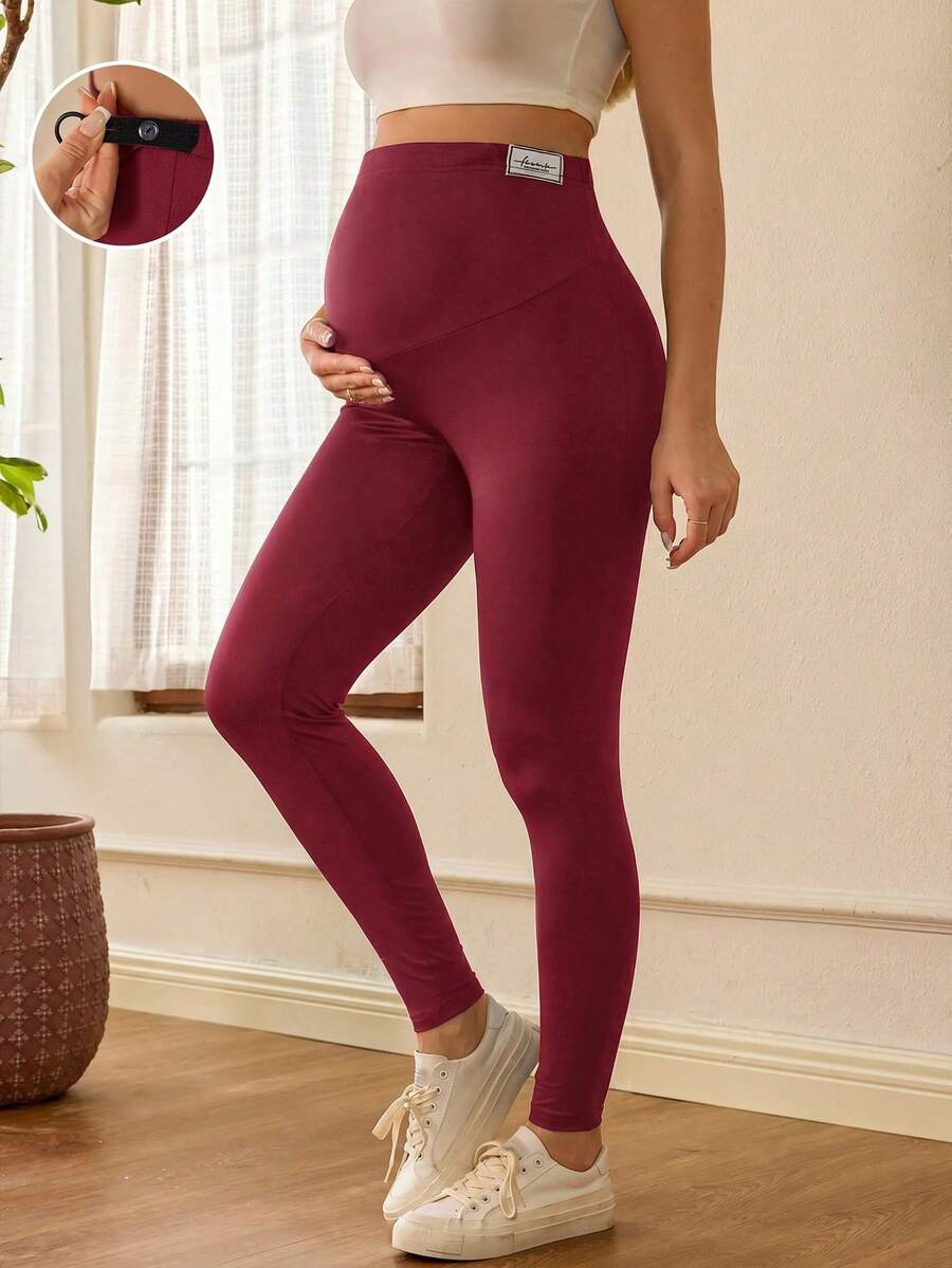 SHEIN 孕婦休閒百搭純色高腰內搭褲 - 紅色 - 查看 1