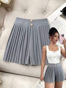 SHEIN Clasi 女士束腰褶裥纽扣装饰优雅简约通勤短裤 - 灰色 - 查看 1