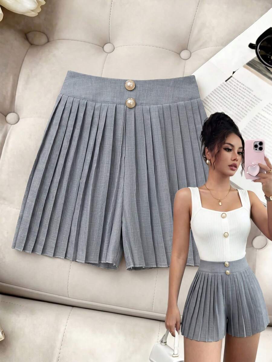 SHEIN Clasi 女士束腰褶裥纽扣装饰优雅简约通勤短裤 - 灰色 - 查看 1