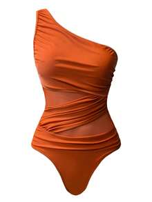 Swim Oasis 2pcs/Set Women One-Piece Solid Color Ruched Monokini With Printed Sarong - Orange - View 3