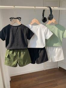 SHEIN 6件組 幼童男童休閒黑色夏季城市度假風圖案針織圓領短袖T恤與彈性腰頭短褲套裝 嬰兒服裝 6M-3T - 彩色 - 查看 2