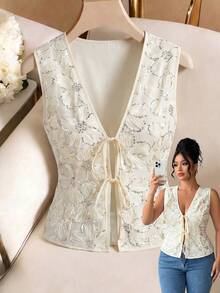 GlowEve CURVE Plus Size Floral Sequin Embroidered Mesh Fabric Patchwork Solid Color Fabric V-Neck Sleeveless Cinched Waist A-Line Multi-Layer Tie Front Structure Blouse Elegant Casual Commute Date Party Holiday Blouse - Apricot - View 7