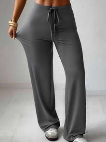 SHEIN EZwear 2pcs Women's Drawstring Waist Casual Versatile Daily Wear Long Pants Everyday Charcoal Gray Summer - Multicolor - View 3