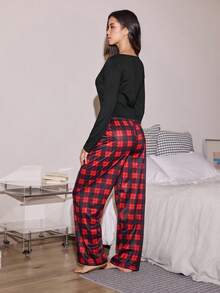 Lowkey Lull Ins Comfortable Plaid Minimalist Slim Fit Casual Long Sleeve Pants Loungewear Pajamas EasyComfort Women's Loungewear Set - Multicolor - View 3