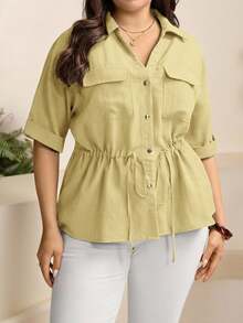 Zelara Plus Size Loose Drawstring Waist Shirt - Light Yellow - View 7