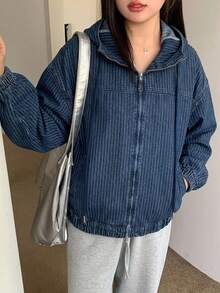 Dazy Plus 淺洗藍色連帽拉鍊式寬鬆燈籠袖收口下擺牛仔外套 大尺碼女款 - 深色水洗藍 - 查看 4