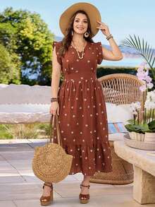 Rosumi Vestido de mujer talla grande para verano, casual, de vacaciones, con estampado floral campestre, color marrón, con volantes en el bajo, para salir, playa, fluido, otoño - Óxido marrón - Ver 2