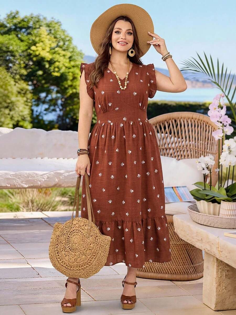 Rosumi Vestido de mujer talla grande para verano, casual, de vacaciones, con estampado floral campestre, color marrón, con volantes en el bajo, para salir, playa, fluido, otoño