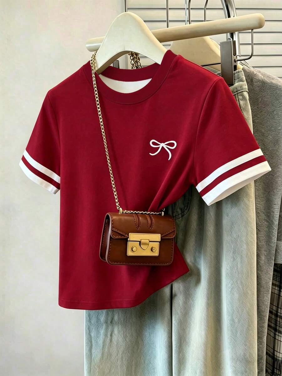Girls'Burgundy Casual Bow Decor Short Sleeve Round Neck T-Shirt,Summer School Fashionable Striped Contrast Color Fitted Tee,Versatile Everyday Wear - Multicolor - View 1