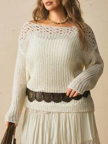 Freevana Boho Soft Form Allover White Ribbed Knit Sweater With Crochet Yoke Off-Shoulder Neck Cozy Autumn Party Office Date Night Top Pullovers For Women Fall - White - View 10