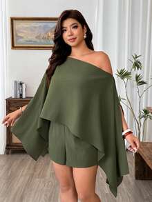 Weeklong Plus Size Women's Asymmetrical Design Top + Shorts 2 Pieces Set - Army Green - View 3