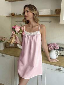 Snug Reverie Romantic Embroidered Lace Ruffled Slip Dress For Women - Pink - View 3