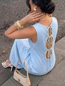 Elenzga Women's Spring/Summer Exquisite Elegant Romantic Casual Baby Blue Bead Bowknot Design Sleeveless Fitted Slim Fit Flared Long Dress Brunch Vacation - Sky Blue - View 3
