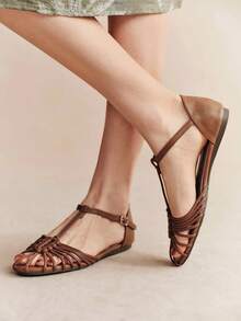 Rosivie Sandal Kasual Datar Gaya Bohemian Wanita dengan Desain Gesper, Sepatu Musim Panas - pita coklat - View 6