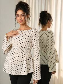 Momance Maternity Polka Dot Top, Shirred Waist, Long Sleeve , Fashionable Versatile Pregnancy, French Retro, Sweet & Spicy Style, Spring/Autumn - Multicolor - View 3