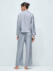 Softvol 2件套女士宽松舒适透气条纹长袖上衣和裤子家居服套装，舒适保暖，秋冬服装 - 灰色 - 查看 3
