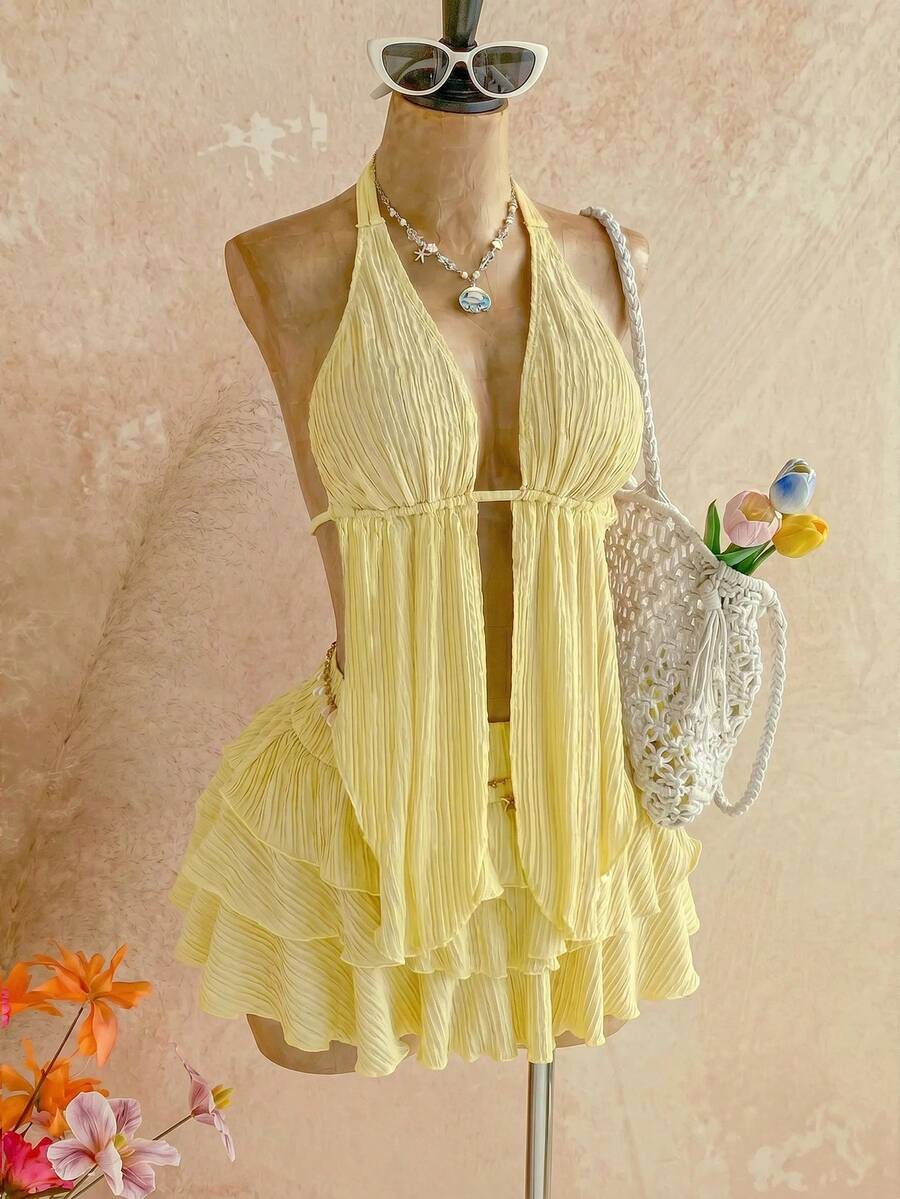 Soleia 2pcs Set:Textured Knit Halter Neck Asymmetric Hem Top + Low Waist Layered Ruffle Hem Skirt,Pale Yellow Summer Casual Beach Holiday Vacation Holiday - Pale Yellow - View 1