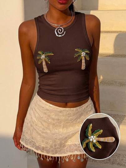 Ure Wave Women's Summer Casual Tropical Island Vacation Style Italian Crystal Decorated Square Neck Knit Fitted Tank Top/Vest Beach Shades Of Brown Top