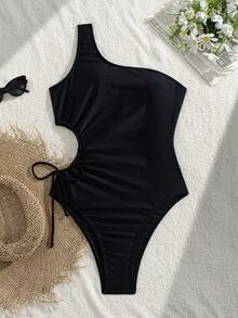 Bonvoyette Springbreak 女款海灘裝 夏季女裝新款 單肩定位印花抽繩打結鏤空休閒度假連身泳衣 節慶波希米亞風 - 黑色 - 查看 3
