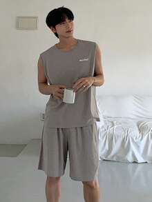 DAZY 男士夏季字母印花灰色背心和短裤休闲服套装睡衣 - 灰色 - 查看 7