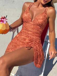 Swim Mod 女款夏季海灘花卉印花抽繩交叉肩帶V領抓皺裙褲性感度假泳裝 - 橘色 - 查看 1