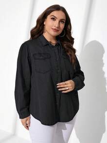 EMERY ROSE Plus Size Women's Long Sleeve Single-Breasted Utility Pocket Denim Shirt - Black - View 5
