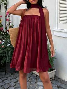 Sunnyshic Solid Color Pleated Bandeau A-Line Mini Dress - Burgundy - View 5